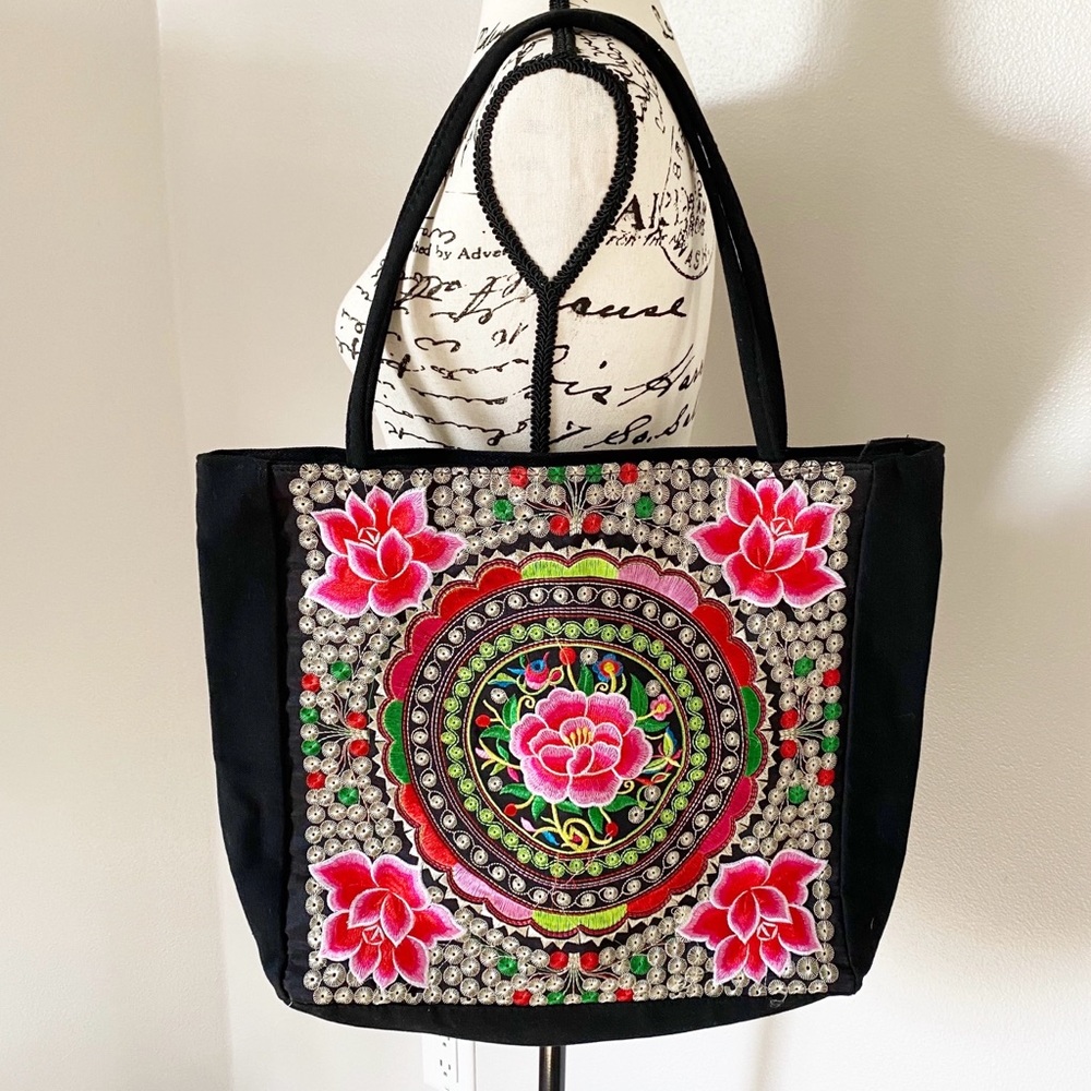 Mexican Motif Floral Embroidered Zippered Tote Bag Pink Black Multi NWOT
